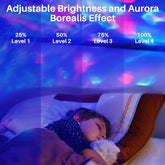 Child sleeping with a light projector displaying adjustable brightness levels and Aurora Borealis effect.